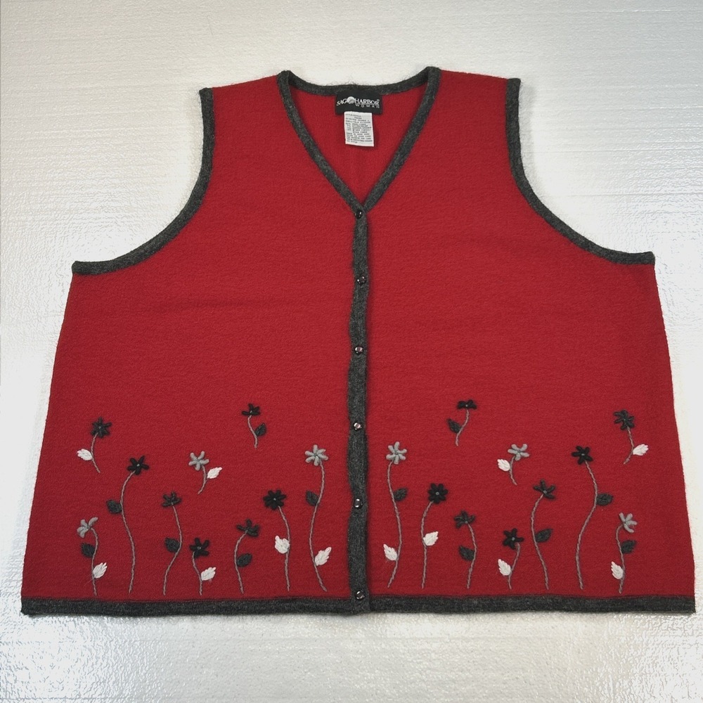 Vintage Sag Harbor Wool Mohair Cardigan Sweater Vest 2XL Floral Embroidered Red